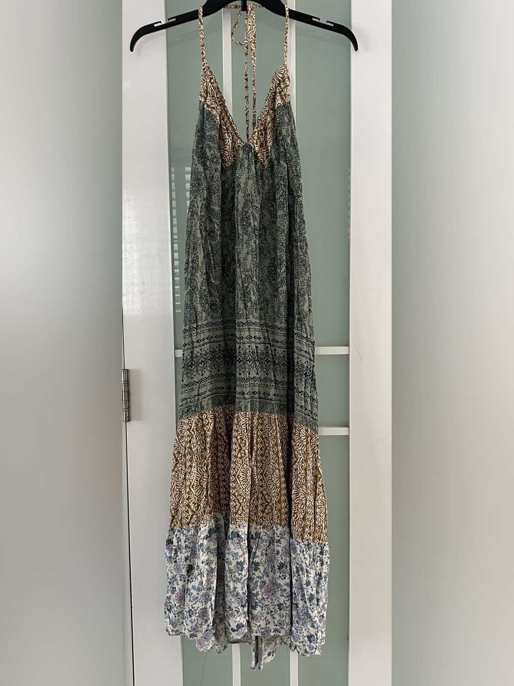 Angie Green, Brown and Blue Mixed-Print Halter Maxi Dress